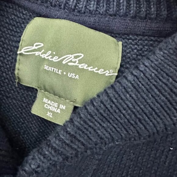 Eddie Bauer Navy Chunky Sweater Henley Fishermen’s Knit XL 1/4 Button Mock - Picture 3 of 6